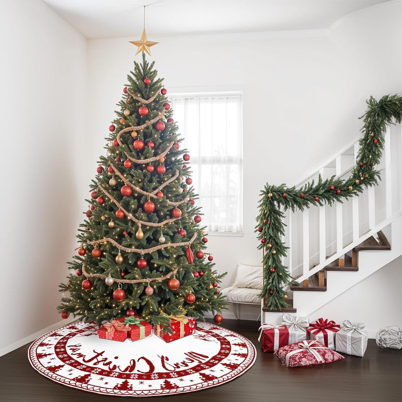 Christmas Tree Skirt 60 Inches, Knit Red Tree Skirt for 7Ft Tree to 9Ft Tree, Double-Sided Large Knitted Xmas Tree Skirt for Indoor Holiday Party Farmhouse Christmas Tree Decorations