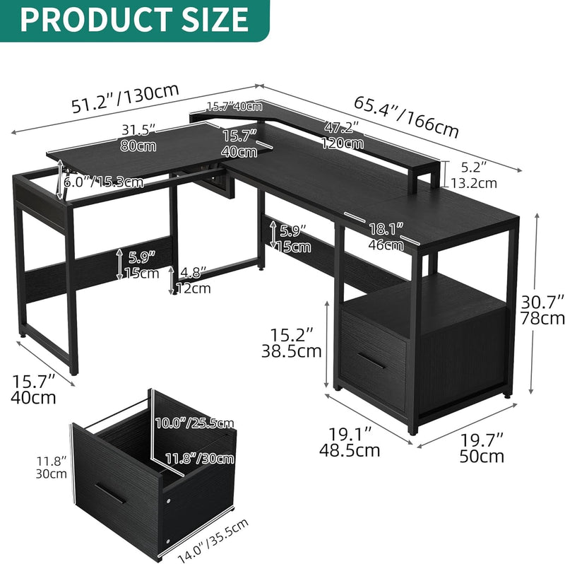 DWVO L Shaped Desk with Lift Top, 65" Adjustable Standing Desk with File Drawer, Corner Computer Desk with Storage Shelves,Home Office Desk, Black