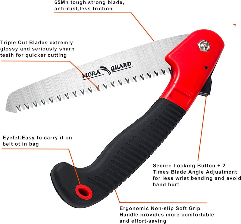 FLORA GUARD Folding Hand Saw, Camping/Pruning Saw with Rugged 7.7 Inch Blades Professional Folding Saw Razor Tooth Sharp Blade Solid Grip(Red)