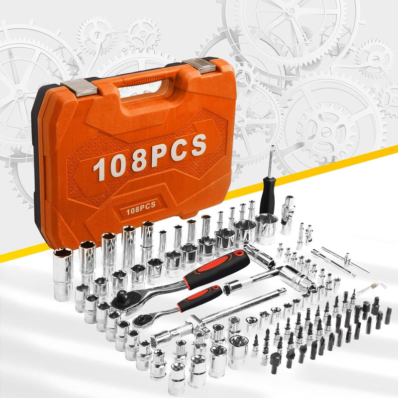 108Pcs 1/4"&1/2" Socket Ratchet Wrench Set with Bit Socket Set, Reversible Ratchet, SAE and Metric, CR-V Steel, Mechanics Tool Set for Automotive Repair and Home Use