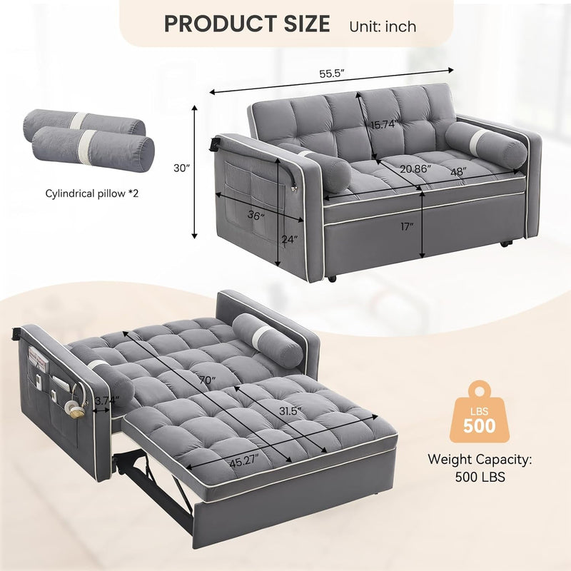 Antetek Upgraded Sleeper Sofa Couch Bed with Phone Holder, 3 in 1 Small Modern Convertible Velvet Loveseat Futon Sofa W/Pullout Bed, Adjustable Backrest for Living Room Apartment, Small Space, Grey