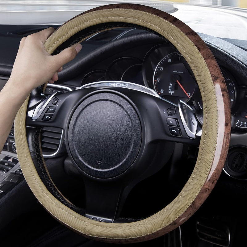 CAR PASS Wood Grain Microfiber Leather Steering Wheel Cover, Universal Fit for 14 1/2-15 Inch Beige Steering Wheel, Anti-Slip Veins Design, Cars,Suvs,Minivans, Sedans (Beige)