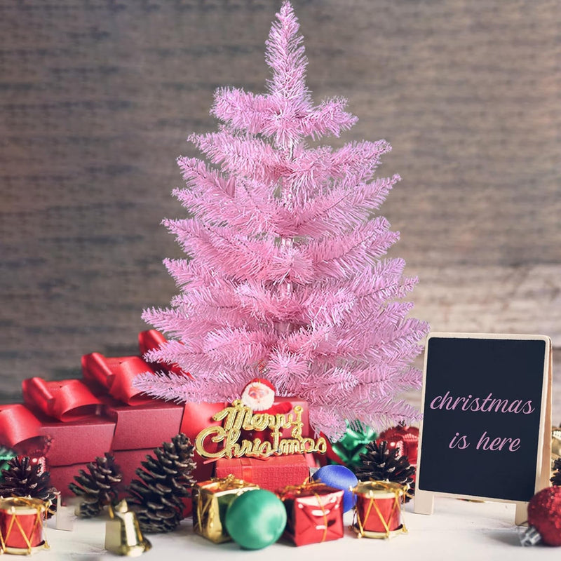 2FT Artificial Christmas Tree Pink Tabletop Christmas Tree with Plastic Stand Mini Xmas Pine Tree for Party Supplies Indoor Outdoor Holiday Home Decoration (Pink)