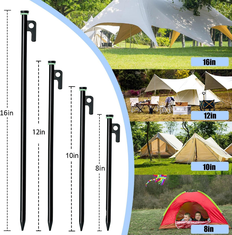 8/12/16Pack Tent Stake with Hammer, 8/10/12/16In Heavy Duty Tent Stakes + 10In Tent Stakes Hammer+Storage Pouch, Forged Steel Tent Stakes Used on Rocks (12 Pack 10In Tent Stakes+Hammer)