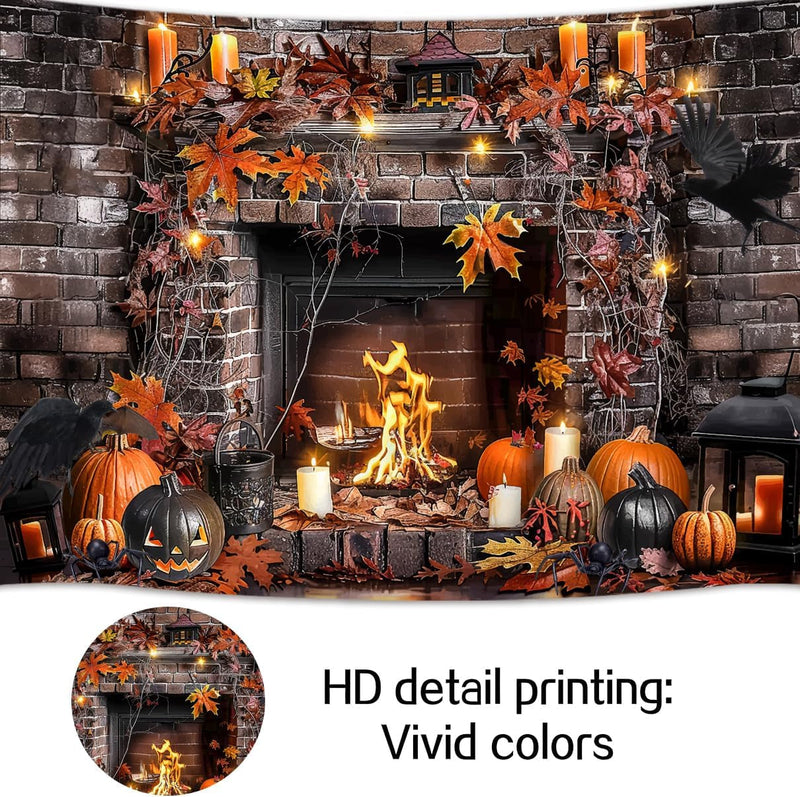 10X8Ft Halloween Fireplace Backdrops Photography Fall Fireplace Stone Brick Floor Skulls Hallowmas Wall Background Halloween Photo Decorations Studio Props