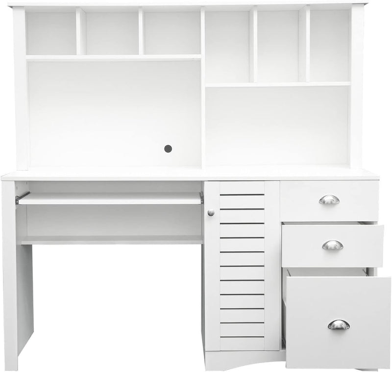 Home Office Desk with Hutch, 59-Inch Writing Study Table with Drawers and File Cabinet