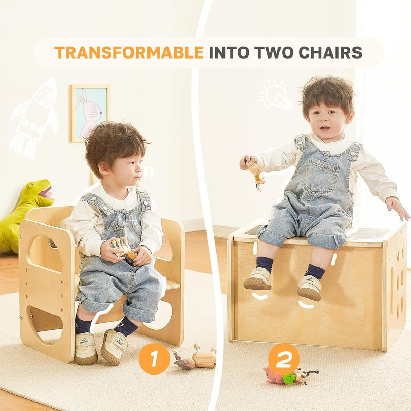 2 in 1 Montessori Weaning Table and Chair Set, Wooden Toddler Table and Chair Set with Blackboards, Adjustable Height Chair Step Stool,1-3 Year Old Kids Montessori Furniture for Boys and Girls