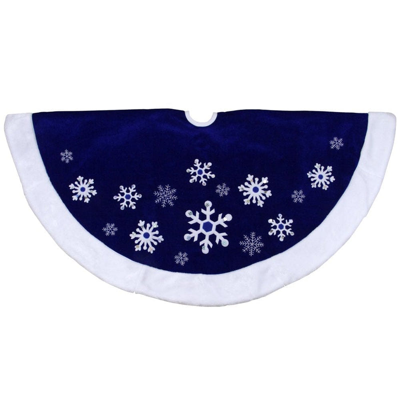 48" Blue Velveteen Snowflake Christmas Tree Skirt with Faux Fur Trim