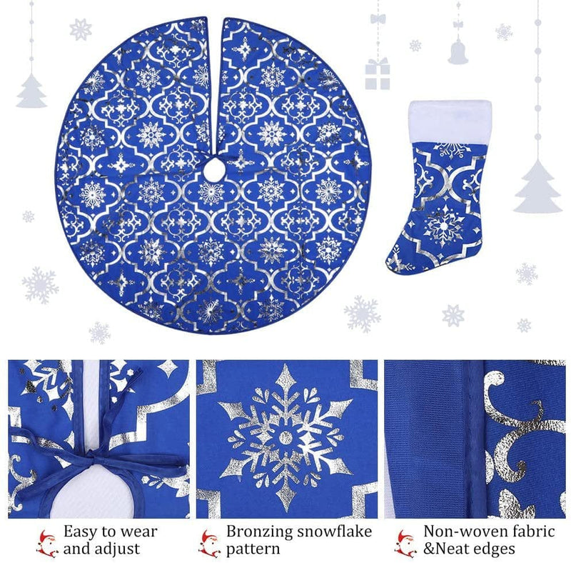 48" Christmas Tree Skirt and Socks Set Blue Xmas Tree Skirt with Silver Snowflake Sequin for Merry Christmas Party Ornaments and Holiday Decorations