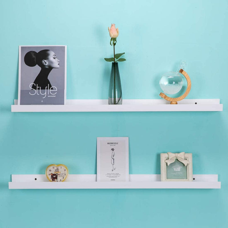 48 Inch Long Floating Bookshelves White Set of 2 Wall Picture Shelf Pine Floating Shelves Photo Frames Narrow Picture Ledge Mounting Hardware Included Furniture > Shelving > Wall Shelves & Ledges AZSKY   