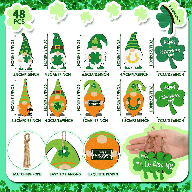 48 Pieces St. Patrick'S Day Gnome Shamrocks Ornament Set St. Patrick'S Day Wood Hanging Ornament Wooden Gnome Ornament for St. Patrick'S Day Home Decoration (Classic Pattern) Arts & Entertainment > Party & Celebration > Party Supplies Yalikop   