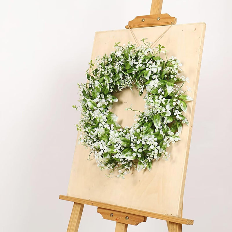 Emivery Artificial Flower Wreath, Fake White Babys Breath Wreath Artificial Wreath with Green Leaves for Front Door Wedding Home Party Decor