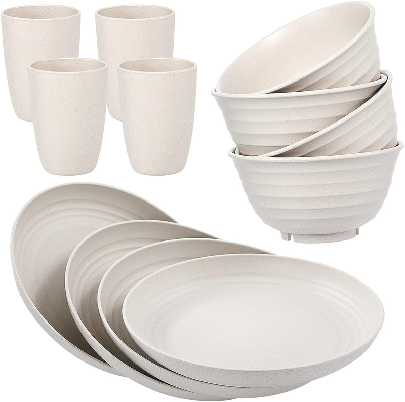 12Pcs Plastic Wheat Straw Dinnerware Sets Service for 4, Cups, Plates and Bowls Sets Microwave Dishwasher Safe Lightweight