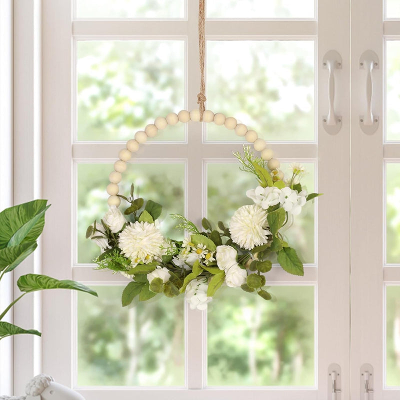 Fenteer Wedding Artificial Flower Wreath Wood Bead Garland Door Hanging Wooden Beads Hoop Decor for Holiday Valentine'S Day Party Wedding Wall Home Decor, White