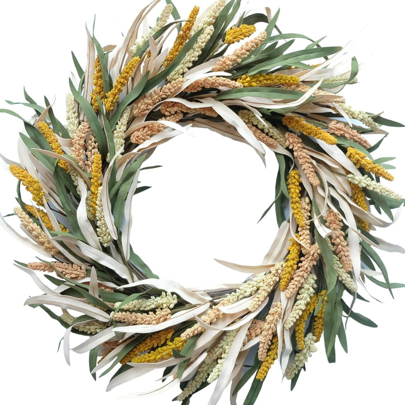 24 Inch Fall Wreath Berries Front Door Wreath Artificial Grain Wreath Harvest Wheat Ears Garland Autumn Wreath for Home Wall Fall Festival Decor (23In Fall Wheat Ears Wreath)