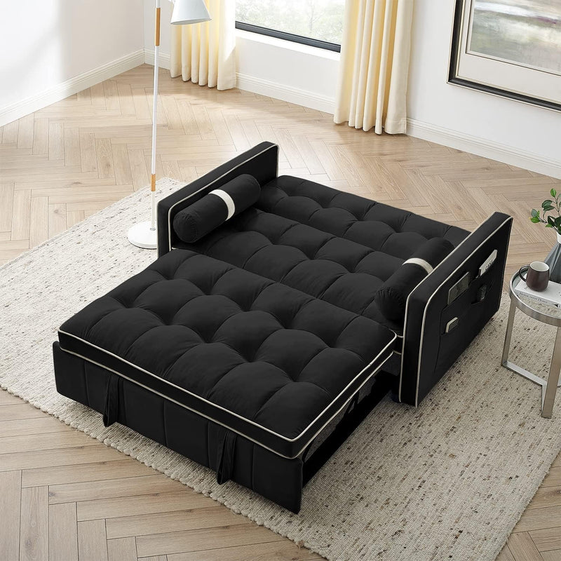 3 in 1 Sleeper Sofa Couch Bed, Small Tufted Velvet Convertible Loveseat Futon Sofa W/Pullout Bed, Adjustable Backrest, Cylinder Pillows for Living Room Apartment, Easy to Assemble, Black, 55.5"