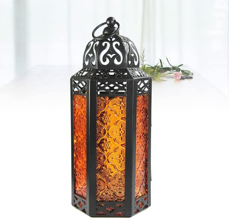 11.5" Moroccan Style Candle Lantern, Black Metal Frame, Orange Colored Glass Panels Great for Patio, Indoors/Outdoors, Events, Parties and Weddings (Orange)