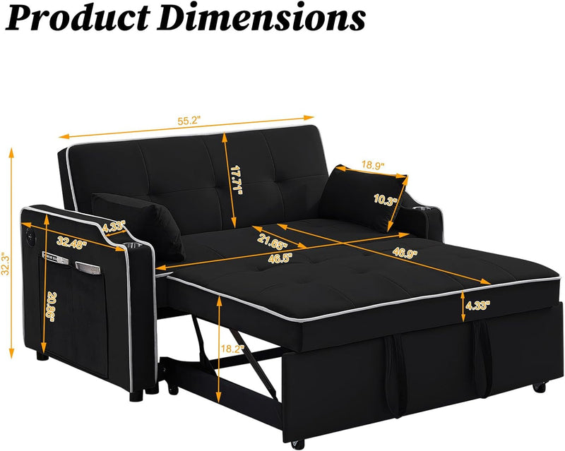 3-In-1 Multi-Functional Velvet Sleeper Couch Pull-Out Bed, Loveseat Sofa Chaise Lounge with USB Port, Cupholder, Side Pocket, Adjustable Backrest and Pillows, Sofa Bed for Living Room