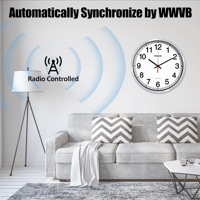 Geevon 12 Inch Atomic Analog Wall Clock, Sets Automatically Wall Clock Battery Operated, Easy to Read Atomic Clock for Kitchen/School/Classroom/Living Room (Silver Frame)