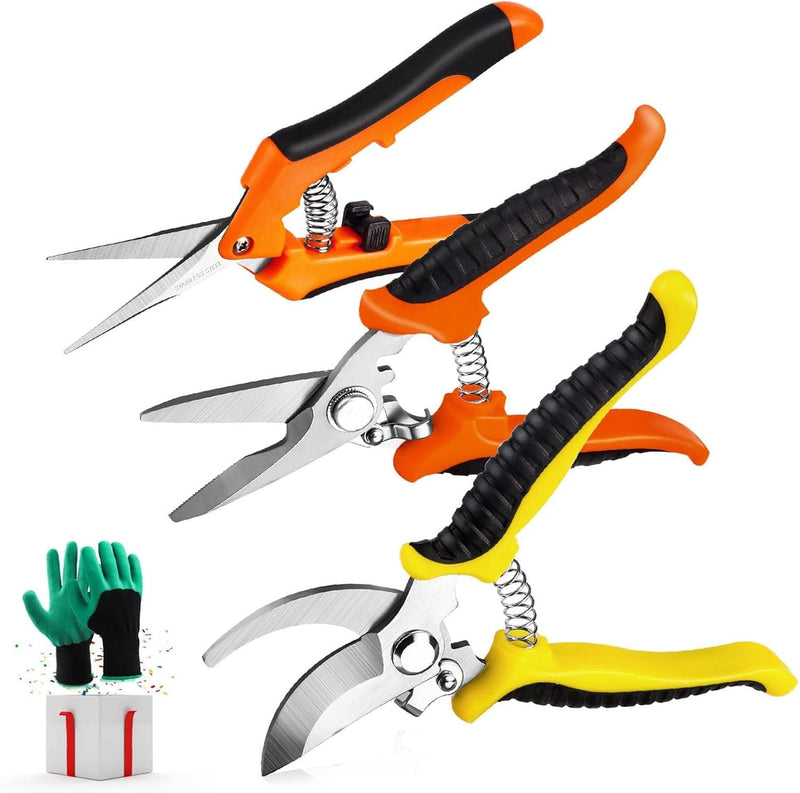 3 Pack Garden Pruning Shears Stainless Steel Blades Handheld Pruners Set with Gardening Gloves