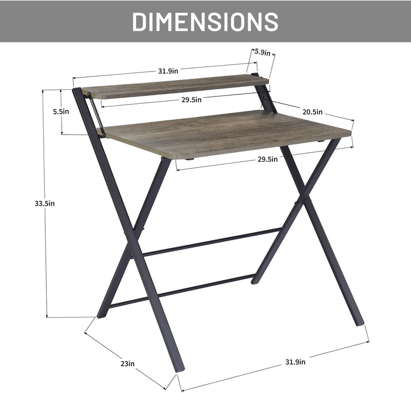 Folding Desk 2-Tier Foldable Table Space Saving Computer Table Writing Workstation for Home Office with Metal Frames/Wood Top Laptop, No Assembly Required, Rustic Brown, 31.9(L) X 20.5(D) X 33.5(H)