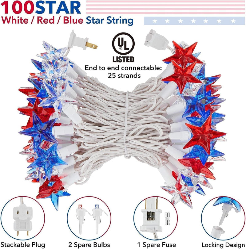 4Th of July Decor Red White Blue Stars String Lights, 17Ft 50 LED Waterproof Connectable Patriotic LED Star Fairy Lights for Independence Day President Day Memorial Day