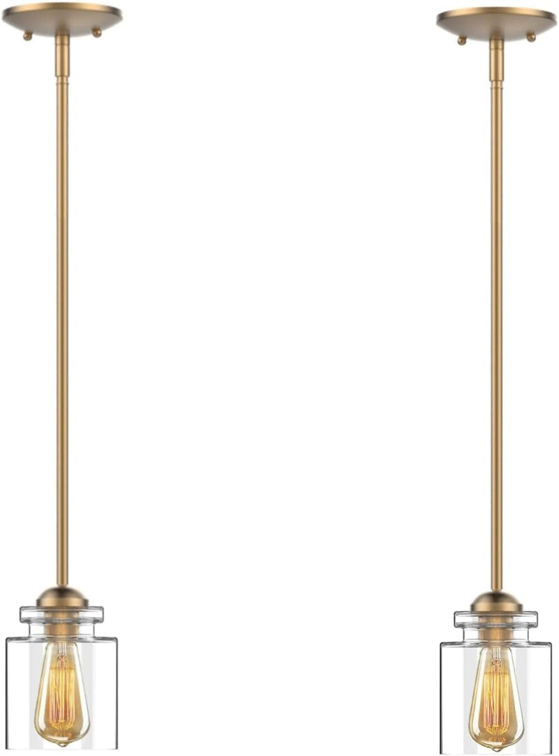 Glass Pendant Lighting Fixture Modern Golden Clear Glass Cylinder Pendant Light,Pendant Lights for Kitchen Island Modern Ceiling Lights for Living Room PACK of 2(Bulb Not Included)