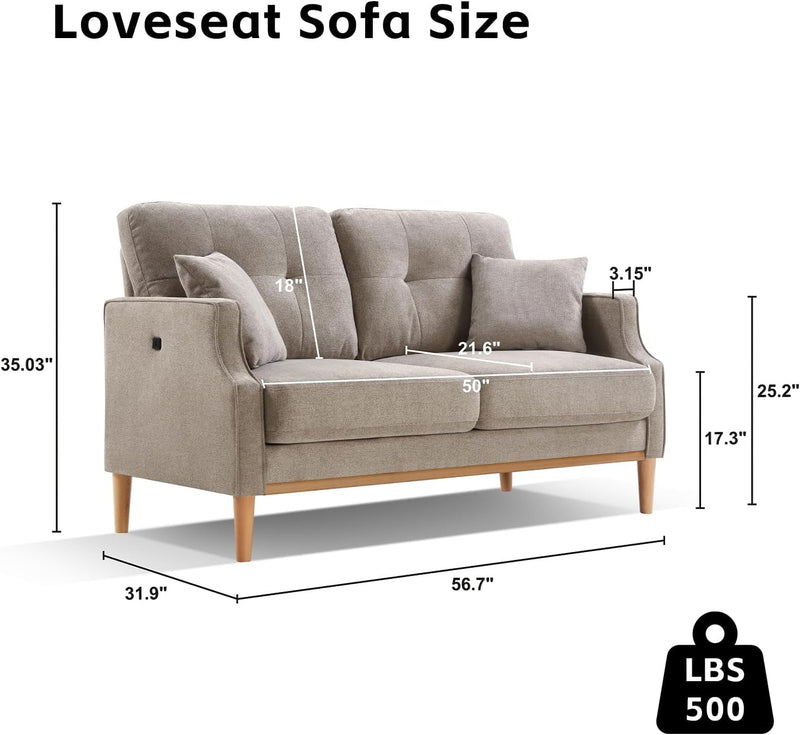 56.7" Loveseat Sofa Small Couch Fabric Upholstered 2-Seat Sofa with USB Port for Small Place, Apartment, Living Room,Office(Light Grey)