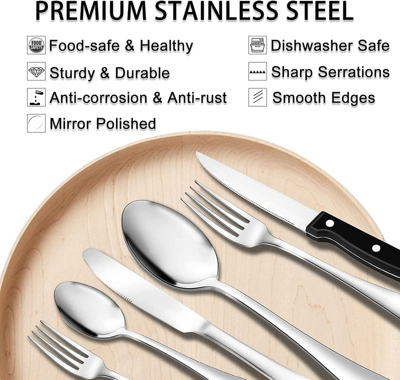 49-Piece Silverware Set with Flatware Drawer Organizer, Durable Stainless Steel Cutlery Set for 8, Mirror Polished Kitchen Utensils Tableware Service with Steak Knives Dinner Fork Knife Spoon & Tray Home & Garden > Kitchen & Dining > Kitchen Tools & Utensils JUNLIN   