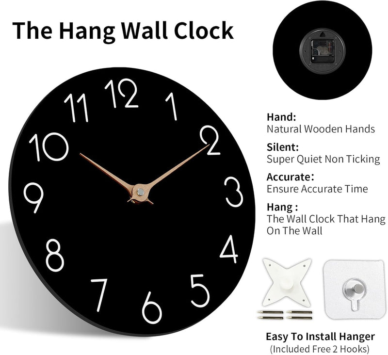 14 Inch Wall Clock - Black Wall Clocks Battery Operated, Silent Non-Ticking Modern Wall Clocks - Big Clock for Bathroom Bedroom Living Room Kitchen Office (14")