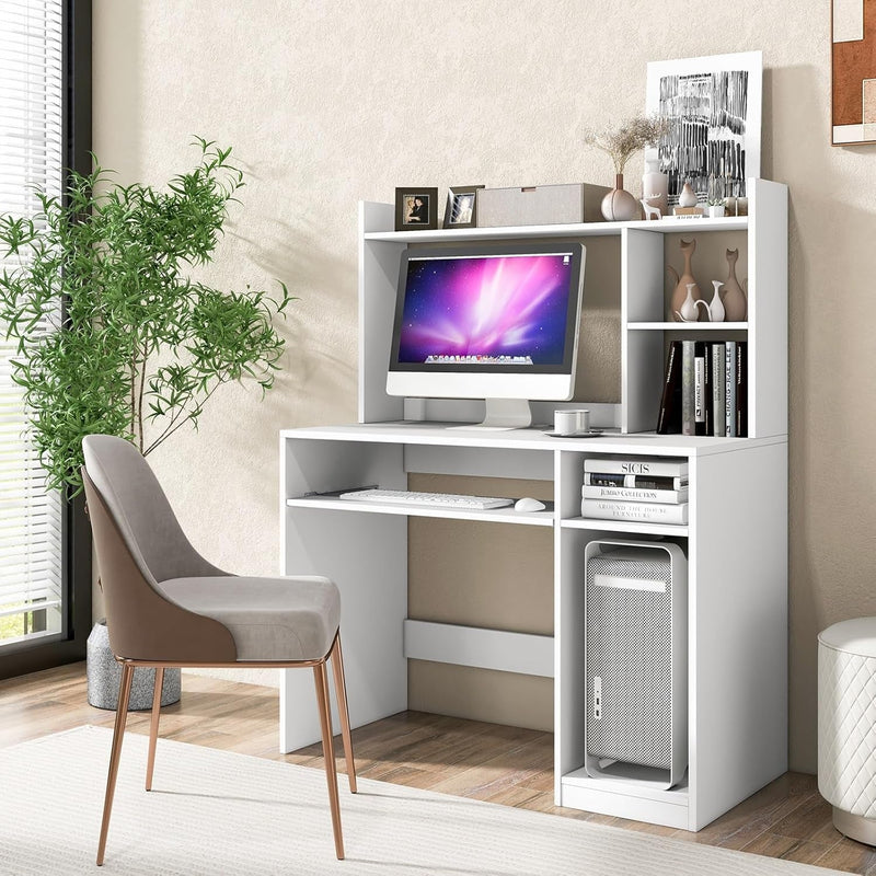 Computer Desk with Power Outlet and Hutch, Home Office Workstation with Bookshelf, Keyboard Tray & CPU Stand, Writing Study Table with Storage for Small Space, Black/White (White)