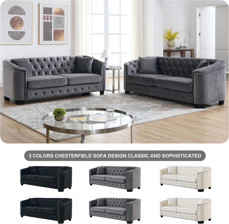2 Piece Modern Chesterfield Velvet 77" 3-Seater Sofa Set,Upholstered Tufted Backrests with Nailhead Arms and 4 Cushions for Living Room, Bedroom, Apartment-Grey