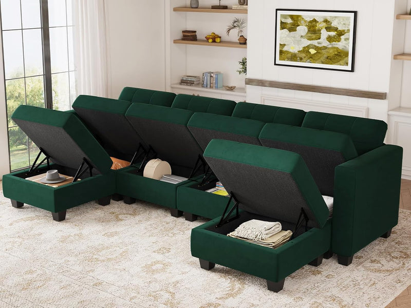 Belffin U-Shaped Modular Sectional Sofa, Modular Couch with Storage Seats, 6 Seat Convertible Sofa with Reversible Chaise, Green