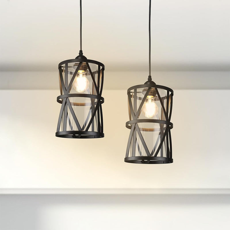 DLLT 3-Light Industrial Pendant Light, Black Metal Cage Hanging Chandelier Lights with Glass Shade, Vintage Style Flush Mount Swag Lighting Fixture for Kitchen/Dining Room/Hallway/Bedroom, E26 Base