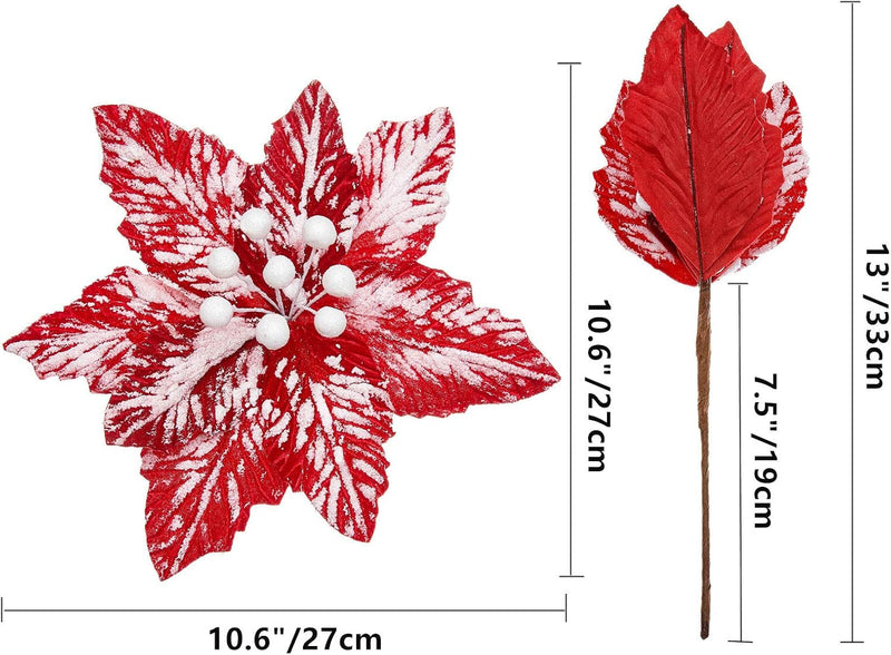 10Pcs Snow Decorated Large Poinsettia Decorative Christmas Flower Stem for Christmas Tree Wreath Garland, Red/White