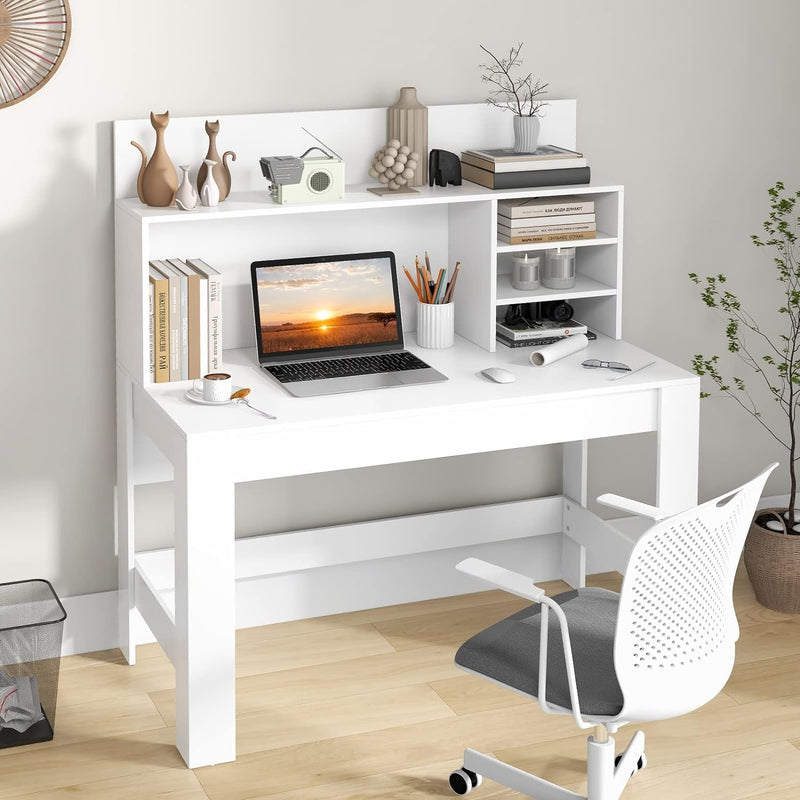 Computer Desk with Hutch Shelf, 48" X 24" X 53.5" Home Office Desk, Anti-Tipping Kits & Cable Hole, Modern Executive Desk Writing Table Workstation for Small Space Bedroom (White)