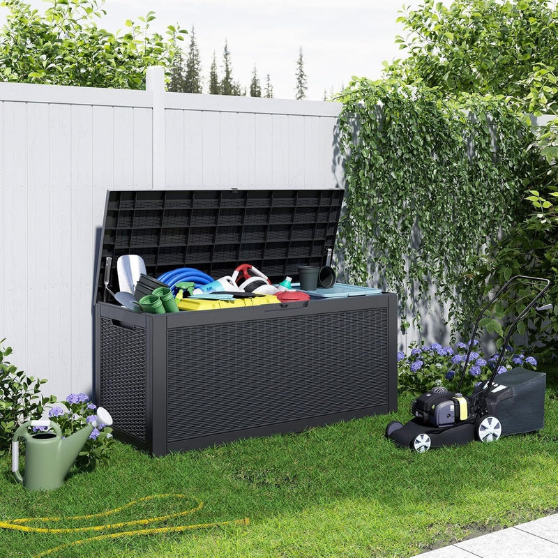 100 Gallon Resin Large Deck Box, Lockable Patio Outdoor Storage Box for Furniture, Garden Tools and Tools Storage, Waterproof outside Storage Box - Black