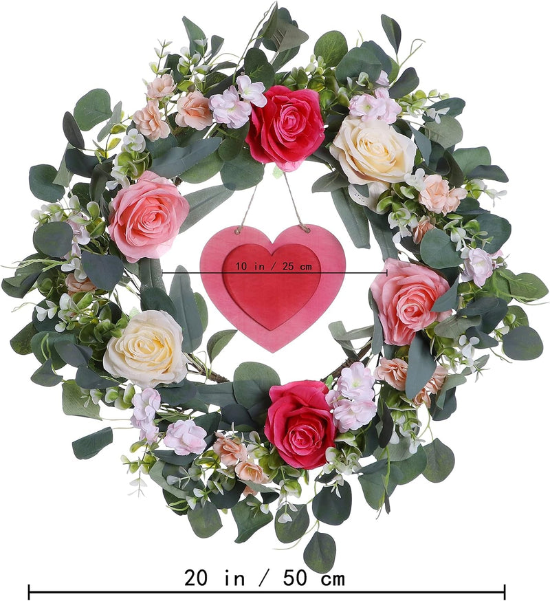 20 Inch Valentine’S Day Wreath,Rose Flower Wreath with Eucalyptus Leaves Wooden Heart for Front Door Wall Window Decor and Valentine’S Day Wedding Anniversary Party Decorations