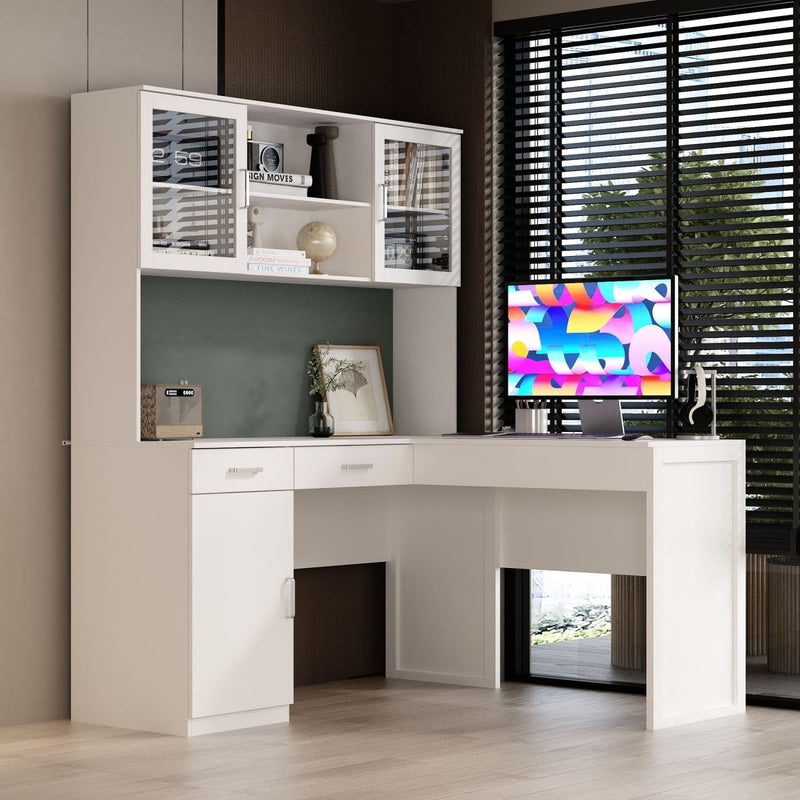 FAMAPY 53" L-Shaped Office Desk with Glass Doors & Drawers, Height Adjustable Office Desk, Corner Computer Desk Modern Executive Desk with Cabinets and Bookshelves, White, 55.1" D X 53.5" W X 70.9" H