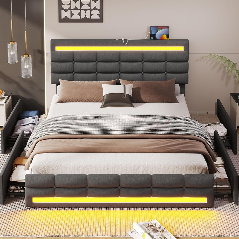 ADORNEVE Queen LED Bed Frame with 4 Drawers and 2 USB Charging Station, Upholstered Platform Queen Size Bed Frame with LED Lights Headboard Footboard, No Box Spring Needed, Dark Grey