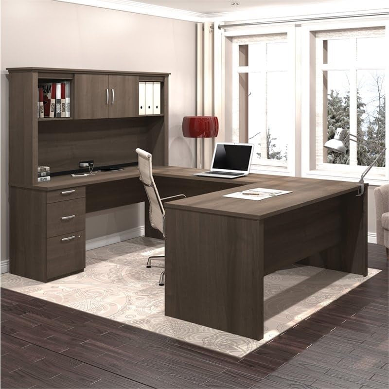 Atlin Designs 66" W X 95.5" D Modern Contemporary U-Shaped Wood Computer Desk with Hutch, for Home Office, Fully Reversible Unit, in Mahogany Finish