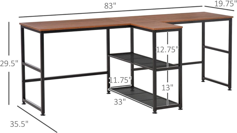 HOMCOM 83" Two Person Computer Desk with 2 Storage Shelves, Double Desk Workstation with Book Shelf, Long Desk Table for Home Office, Dark Walnut