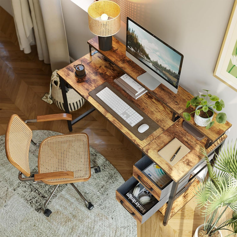 Cubicubi Computer Desk with Drawers, 47 Inch Reversible Office Desk with Monitor Stand and Storage Shelves, Work Writing Study Desk Table for Home, Rustic Brown