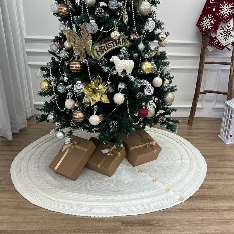 60-Inch Deluxe Cable Knit Christmas Tree Skirt with Oak Buttons, Cream White