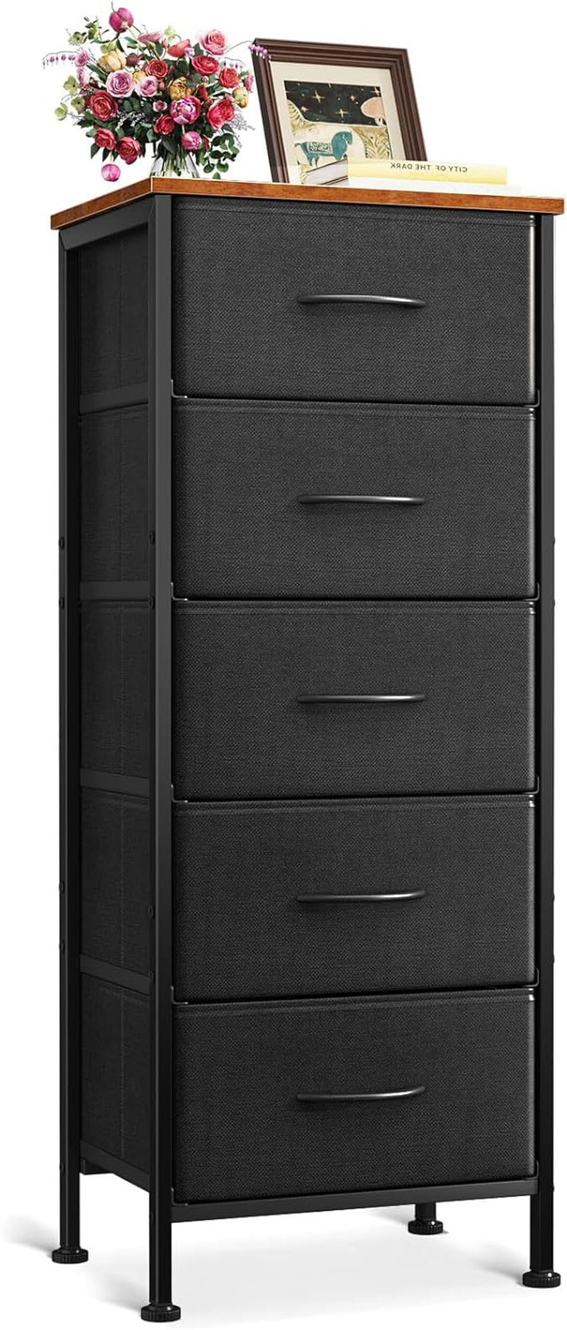 AODK Dresser for Bedroom with 5 Storage Drawers, 48" Tall Dresser Chest of Drawers Fabric Dresser with Sturdy Steel Frame, Black