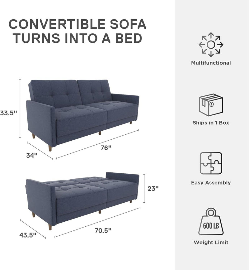 DHP Andora Coil Futon Sofa Bed Couch with Mid Century Modern Design - Navy Blue Linen