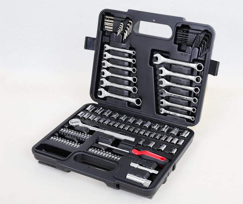 121 Piece Mechanic Tool Socket Set 3/8 and 1/4 Inch Drive SAE & Metric Size, with Tool Box Storage Case for Home, Car Trunk, Automotive, Bike Projects and as a Gift