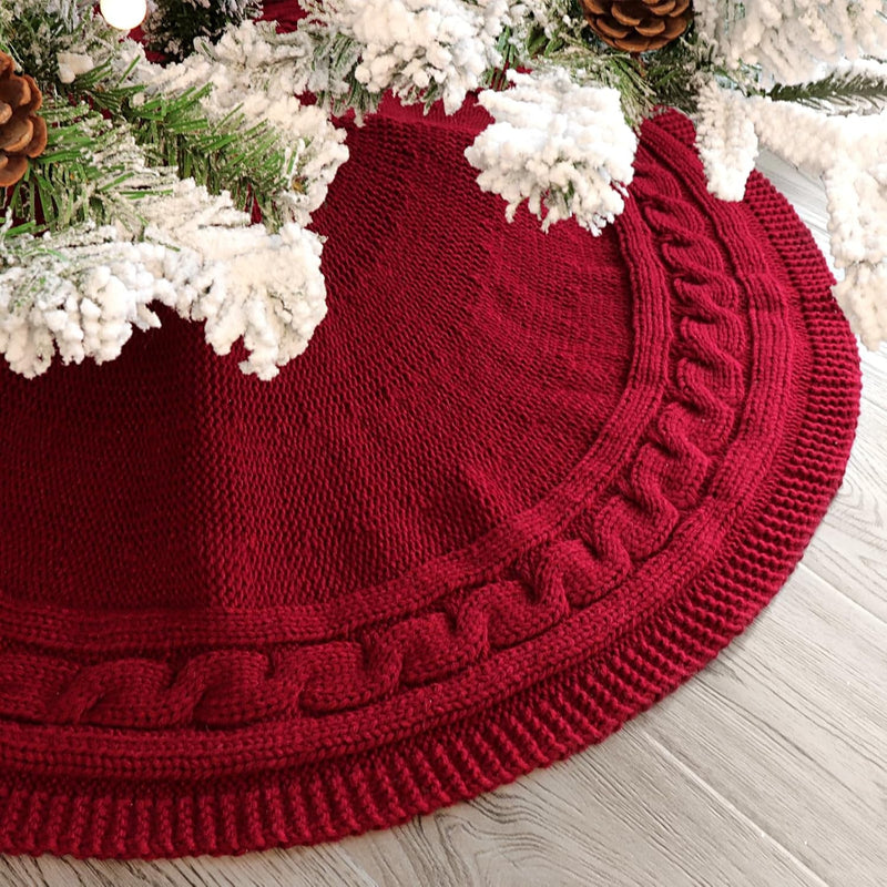 Christmas Tree Skirt 36 Inches: Braided Cable Knit round Wine Red Tree Skirt, Thick Rustic Christmas Tree Decorations Neutral Christmas Decor Christmas Tree Skirts for Xmas Home Party Supplies