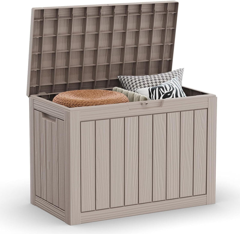 100 Gallon Outdoor Storage Box - Deck Box Waterproof Patio Furniture, Garden Tools, Cushions, Pool Accessories outside Storage Resin Box,Light Brown