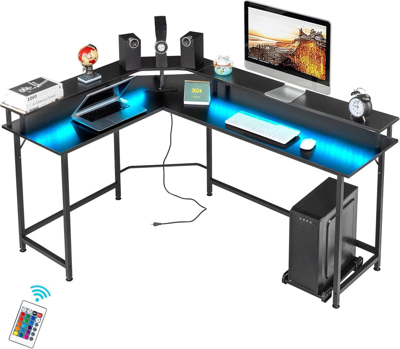 Black Corner Computer Desk L Shaped Desk, Computer Desk with Cool LED Light, Corner Desk Home Office Desk, Sturdy Corner Office Desk with Monitor Stand, Gaming Table